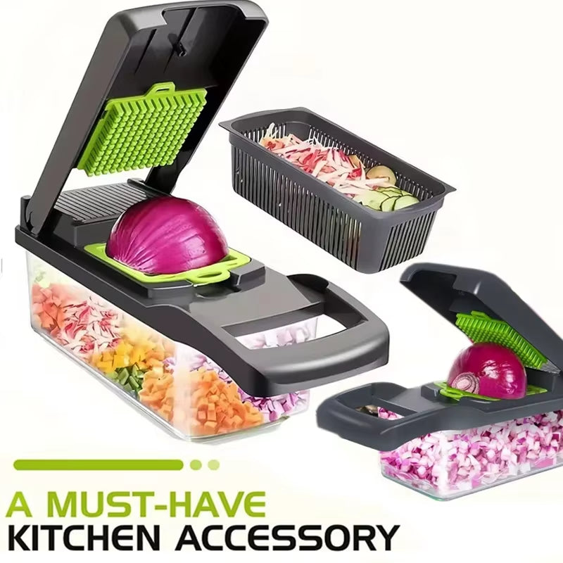 Coupe-légumes multifonction 14/16 pièces avec panier – trancheur, râpe et hachoir pour fruits, pommes de terre, oignons et carottes