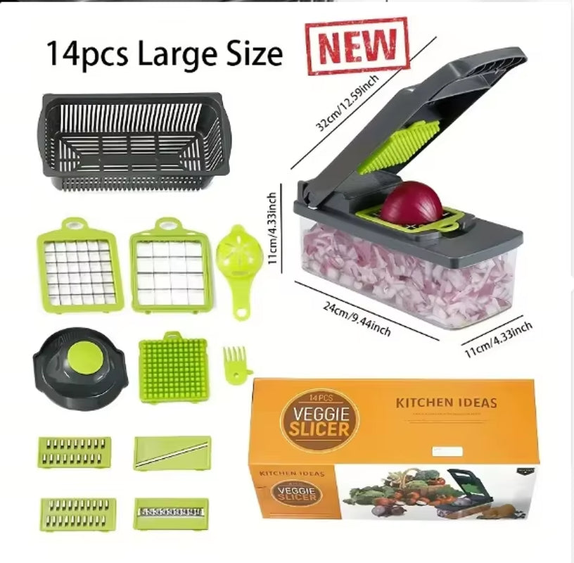 Coupe-légumes multifonction 14/16 pièces avec panier – trancheur, râpe et hachoir pour fruits, pommes de terre, oignons et carottes