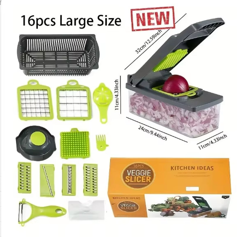 Coupe-légumes multifonction 14/16 pièces avec panier – trancheur, râpe et hachoir pour fruits, pommes de terre, oignons et carottes
